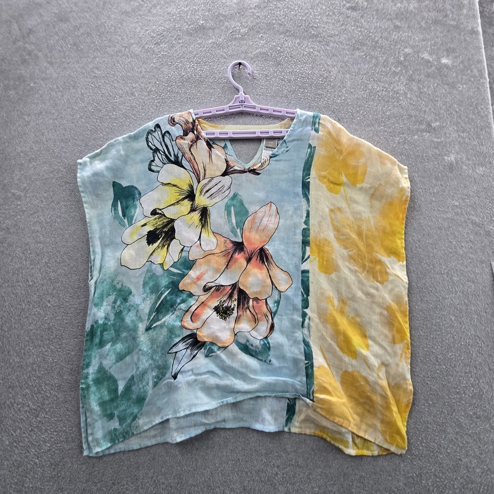 Chico's Women Blouse S/M Multicolor Linen Floral Coastal Beach Garden Boho
